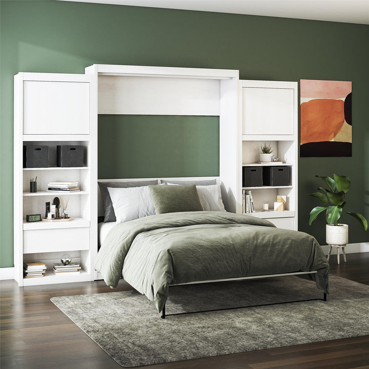 Paramount Murphy Bed Bundle with 2 Bedside Bookcase Cabinets & Slide-Out Nightstands - Ivory Oak - Queen