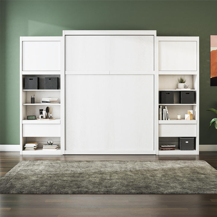 Paramount Murphy Bed Bundle with 2 Bedside Bookcase Cabinets & Slide-Out Nightstands - Ivory Oak - Queen