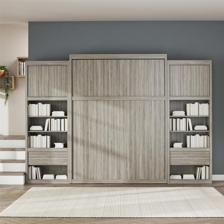 Paramount Murphy Bed Bundle with 2 Bedside Bookcase Cabinets & Slide-Out Nightstands - Gray Oak - Queen