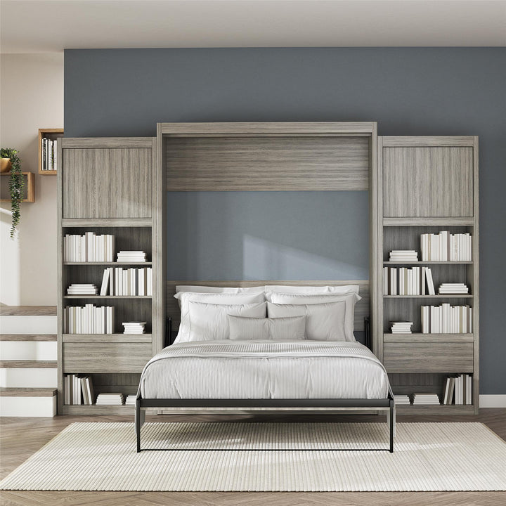 Paramount Murphy Bed Bundle with 2 Bedside Bookcase Cabinets & Slide-Out Nightstands - Gray Oak - Queen