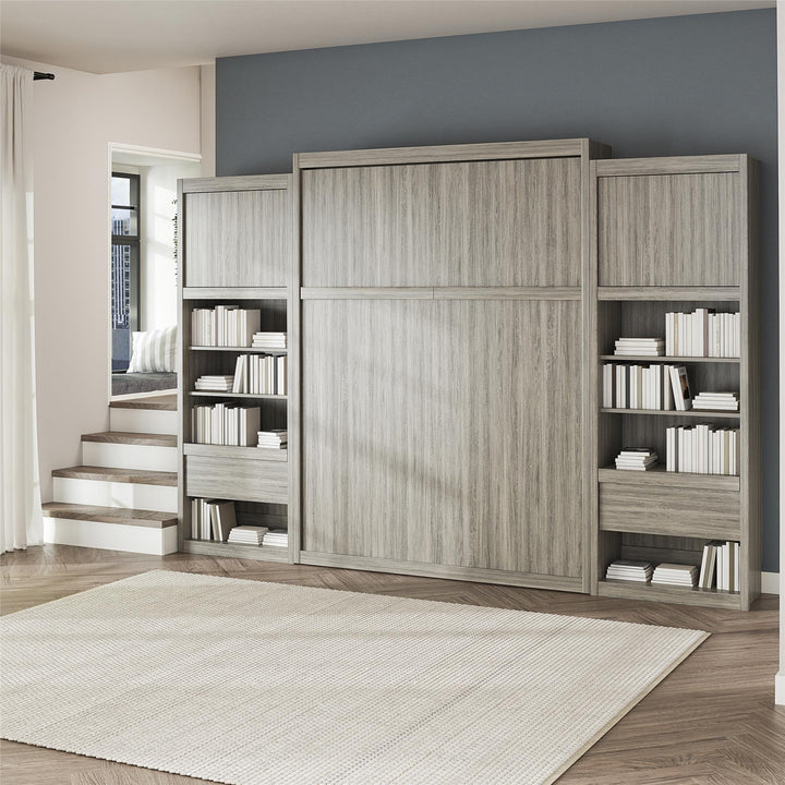 Paramount Murphy Bed Bundle with 2 Bedside Bookcase Cabinets & Slide-Out Nightstands - Gray Oak - Queen