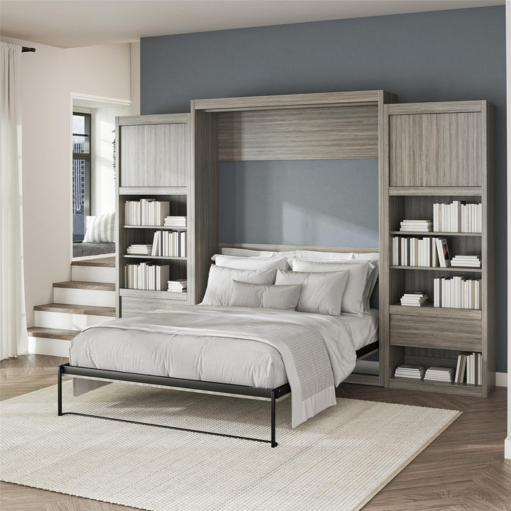 Paramount Murphy Bed Bundle with 2 Bedside Bookcase Cabinets & Slide-Out Nightstands - Gray Oak - Queen