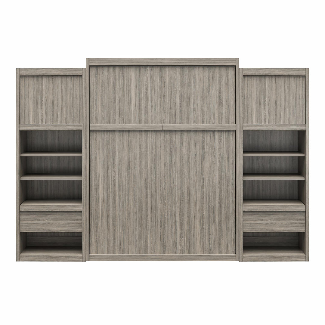Paramount Murphy Bed Bundle with 2 Bedside Bookcase Cabinets & Slide-Out Nightstands - Gray Oak - Queen