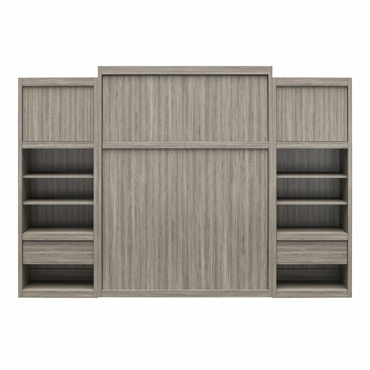 Paramount Murphy Bed Bundle with 2 Bedside Bookcase Cabinets & Slide-Out Nightstands - Gray Oak - Queen