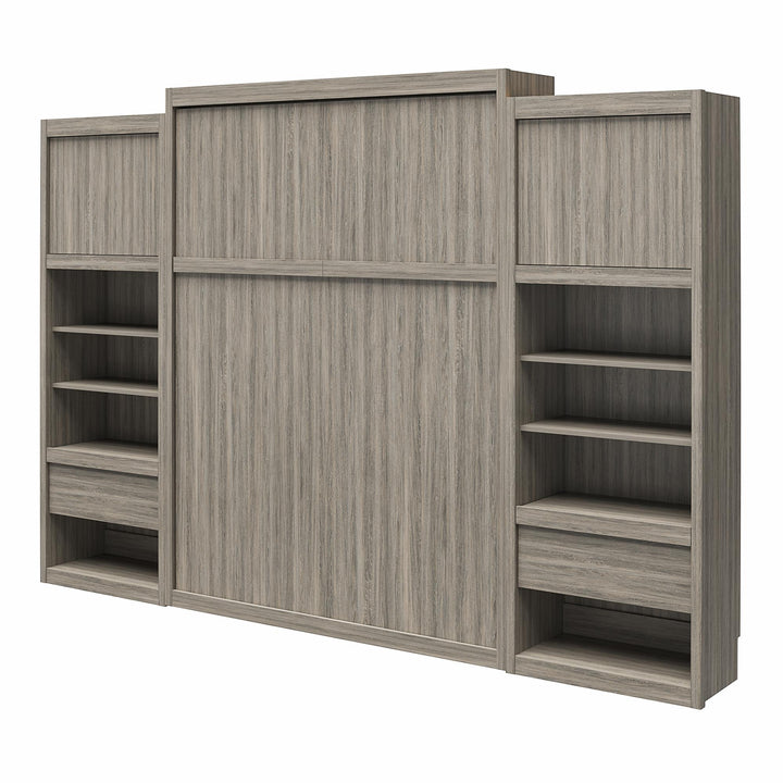 Paramount Murphy Bed Bundle with 2 Bedside Bookcase Cabinets & Slide-Out Nightstands - Gray Oak - Queen