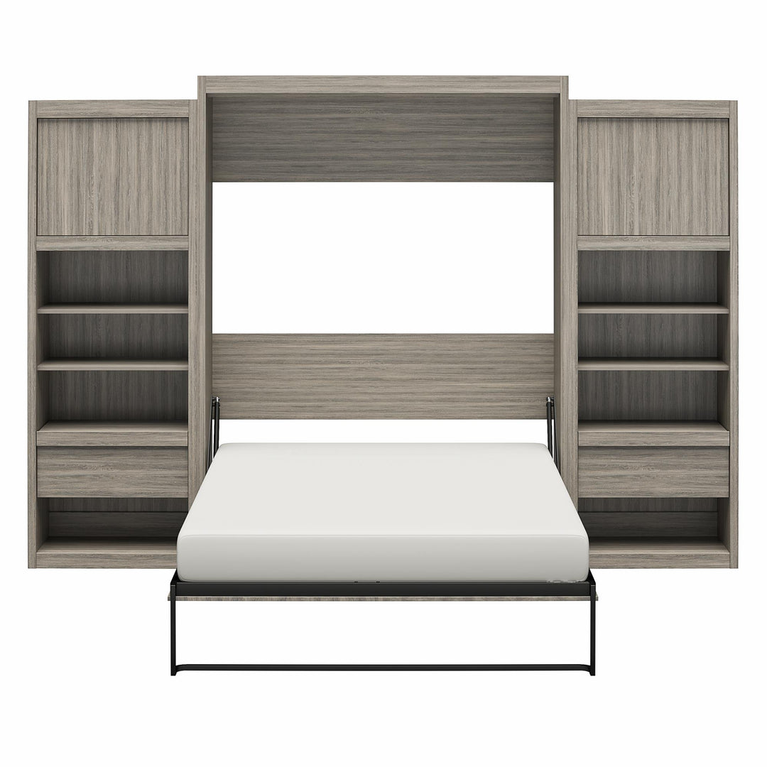 Paramount Murphy Bed Bundle with 2 Bedside Bookcase Cabinets & Slide-Out Nightstands - Gray Oak - Queen
