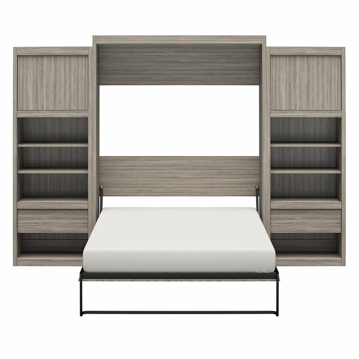 Paramount Murphy Bed Bundle with 2 Bedside Bookcase Cabinets & Slide-Out Nightstands - Gray Oak - Queen