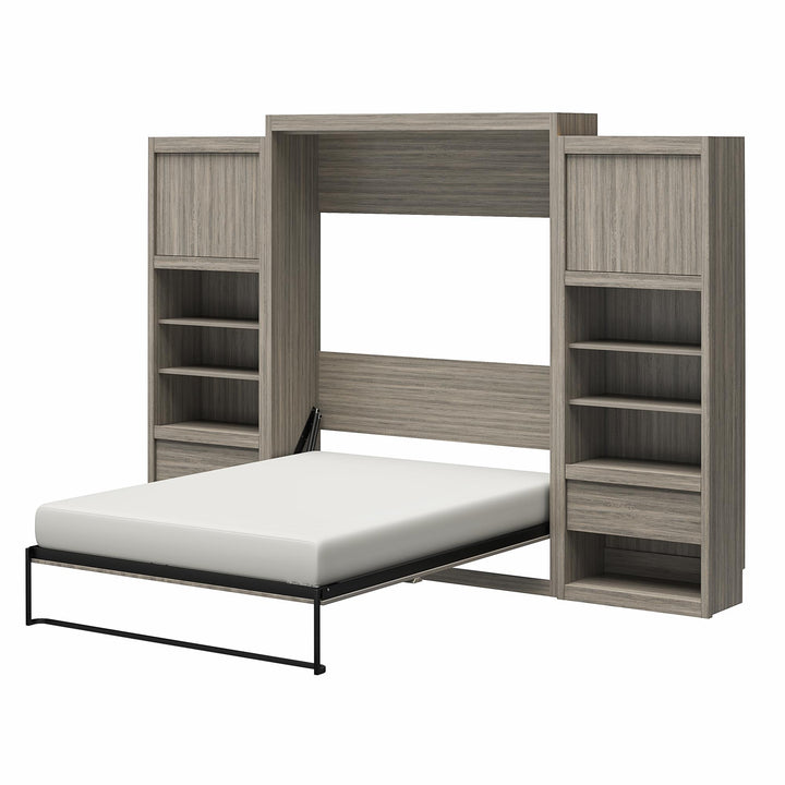 Paramount Murphy Bed Bundle with 2 Bedside Bookcase Cabinets & Slide-Out Nightstands - Gray Oak - Queen