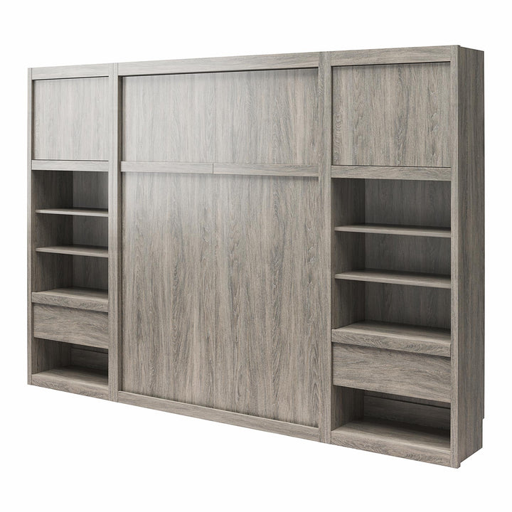 Paramount Murphy Bed Bundle with 2 Bedside Bookcase Cabinets & Slide-Out Nightstands - Gray Oak - Queen