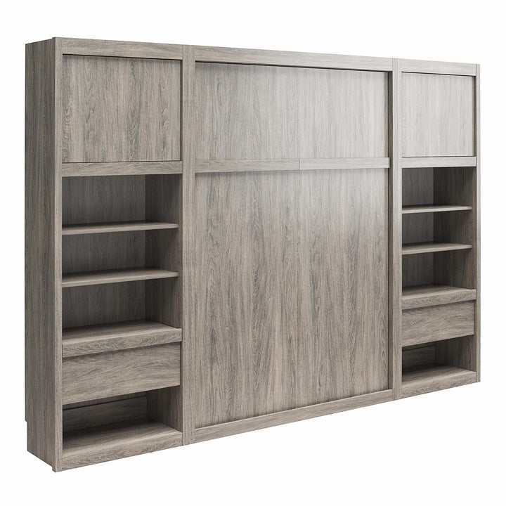 Paramount Murphy Bed Bundle with 2 Bedside Bookcase Cabinets & Slide-Out Nightstands - Gray Oak - Queen