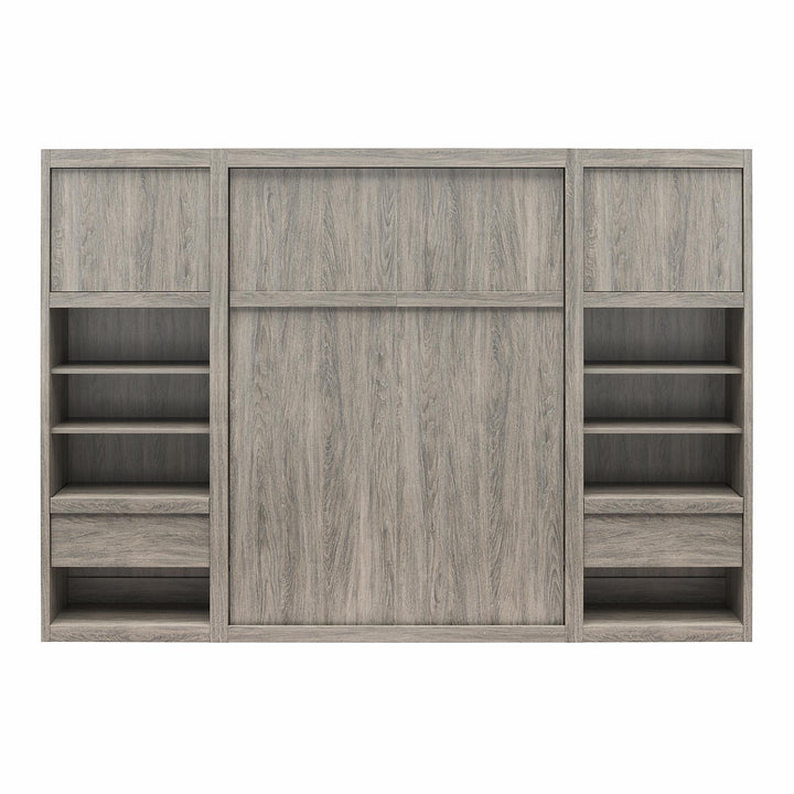 Paramount Murphy Bed Bundle with 2 Bedside Bookcase Cabinets & Slide-Out Nightstands - Gray Oak - Queen