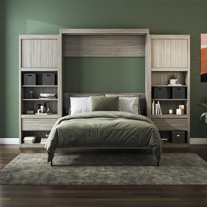 Paramount Murphy Bed Bundle with 2 Bedside Bookcase Cabinets & Slide-Out Nightstands - Gray Oak - Queen