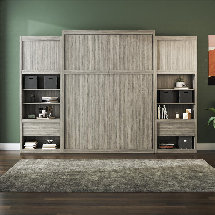 Paramount Murphy Bed Bundle with 2 Bedside Bookcase Cabinets & Slide-Out Nightstands - Gray Oak - Queen