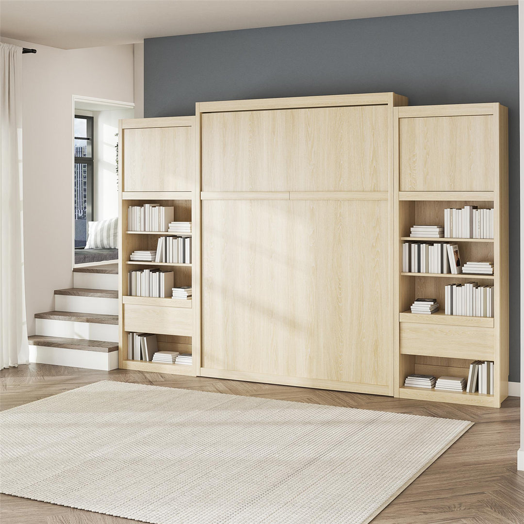 Paramount Murphy Bed Bundle with 2 Bedside Bookcase Cabinets & Slide-Out Nightstands - Monterey Oak - Queen