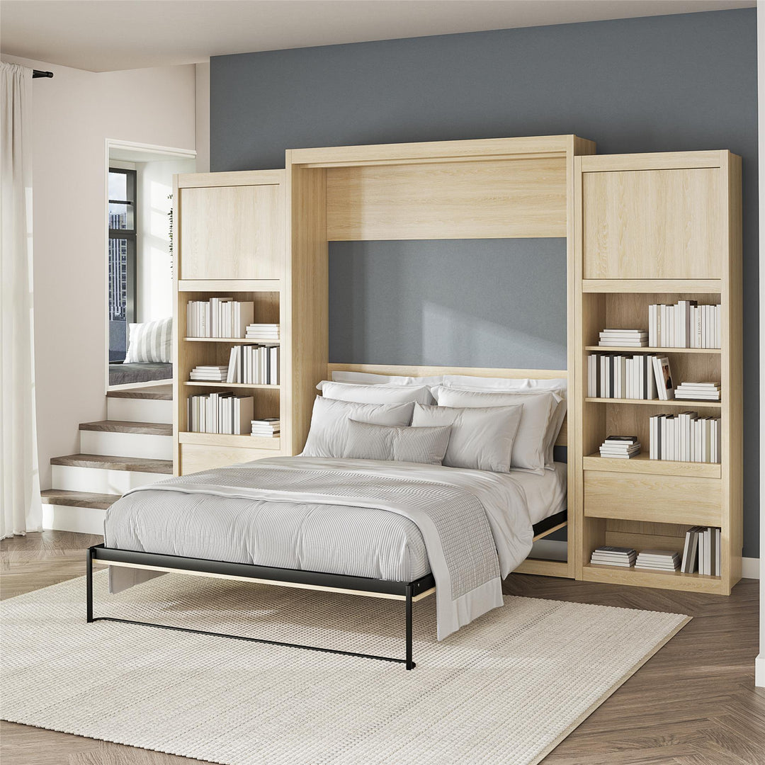 Paramount Murphy Bed Bundle with 2 Bedside Bookcase Cabinets & Slide-Out Nightstands - Monterey Oak - Queen