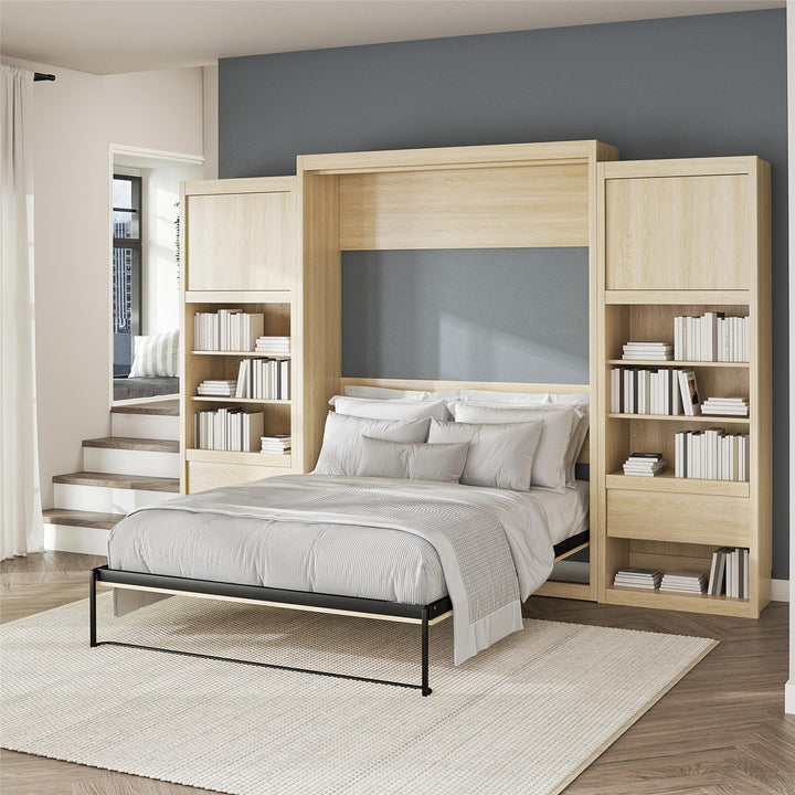 Paramount Murphy Bed Bundle with 2 Bedside Bookcase Cabinets & Slide-Out Nightstands - Monterey Oak - Queen