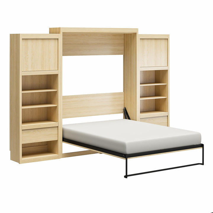 Paramount Murphy Bed Bundle with 2 Bedside Bookcase Cabinets & Slide-Out Nightstands - Monterey Oak - Queen
