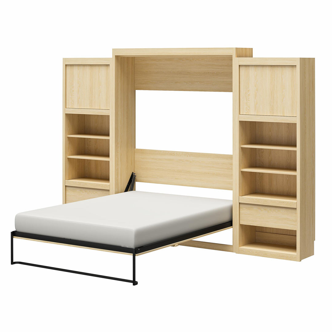 Paramount Murphy Bed Bundle with 2 Bedside Bookcase Cabinets & Slide-Out Nightstands - Monterey Oak - Queen