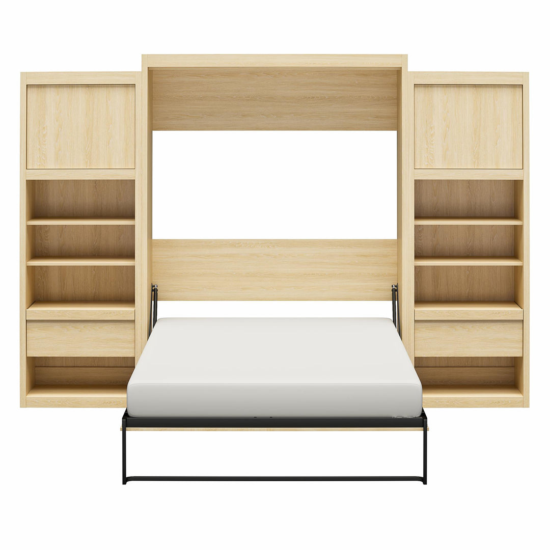 Paramount Murphy Bed Bundle with 2 Bedside Bookcase Cabinets & Slide-Out Nightstands - Monterey Oak - Queen