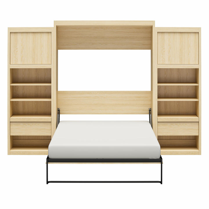 Paramount Murphy Bed Bundle with 2 Bedside Bookcase Cabinets & Slide-Out Nightstands - Monterey Oak - Queen