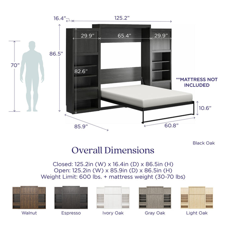 Paramount Murphy Bed Bundle with 2 Bedside Bookcase Cabinets & Slide-Out Nightstands - Monterey Oak - Queen
