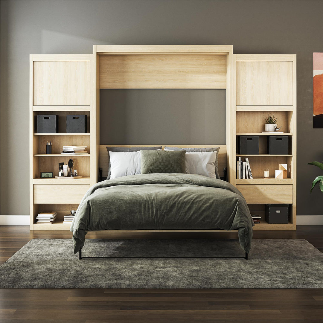 Paramount Murphy Bed Bundle with 2 Bedside Bookcase Cabinets & Slide-Out Nightstands - Monterey Oak - Queen