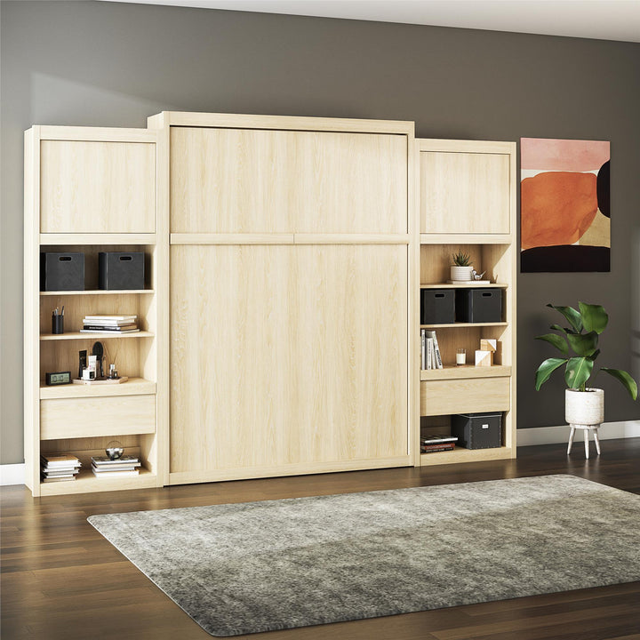Paramount Murphy Bed Bundle with 2 Bedside Bookcase Cabinets & Slide-Out Nightstands - Monterey Oak - Queen