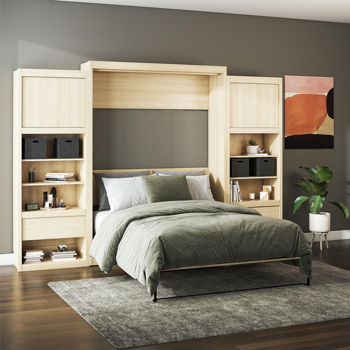 Paramount Murphy Bed Bundle with 2 Bedside Bookcase Cabinets & Slide-Out Nightstands - Monterey Oak - Queen
