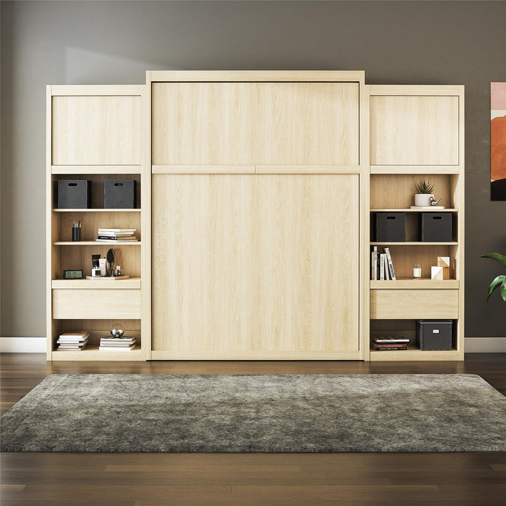 Paramount Murphy Bed Bundle with 2 Bedside Bookcase Cabinets & Slide-Out Nightstands - Monterey Oak - Queen