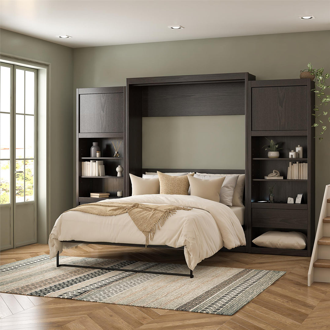 Paramount Murphy Bed Bundle with 2 Bedside Bookcase Cabinets & Slide-Out Nightstands - Espresso - Queen