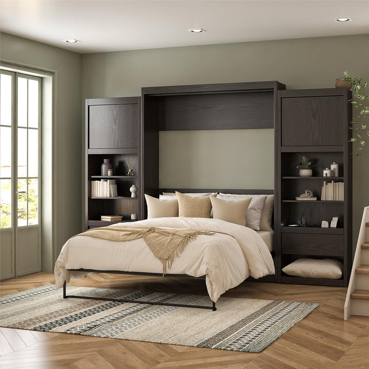 Paramount Murphy Bed Bundle with 2 Bedside Bookcase Cabinets & Slide-Out Nightstands - Espresso - Queen