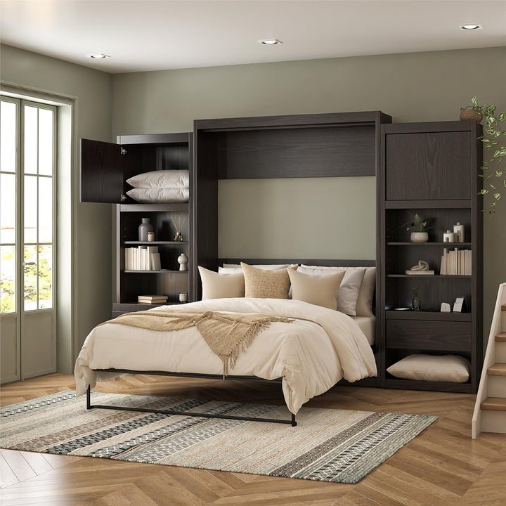 Paramount Murphy Bed Bundle with 2 Bedside Bookcase Cabinets & Slide-Out Nightstands - Espresso - Queen