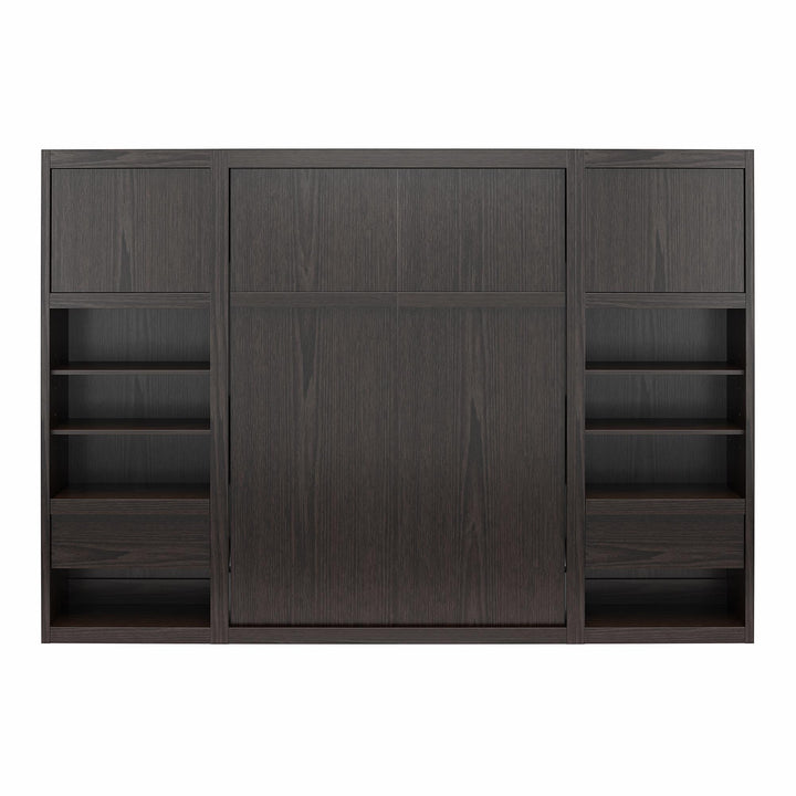 Paramount Murphy Bed Bundle with 2 Bedside Bookcase Cabinets & Slide-Out Nightstands - Espresso - Queen