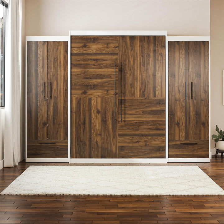 Pinnacle Murphy Bed Bundle with 2 Wardrobe Side Cabinets - Columbia Walnut - Queen