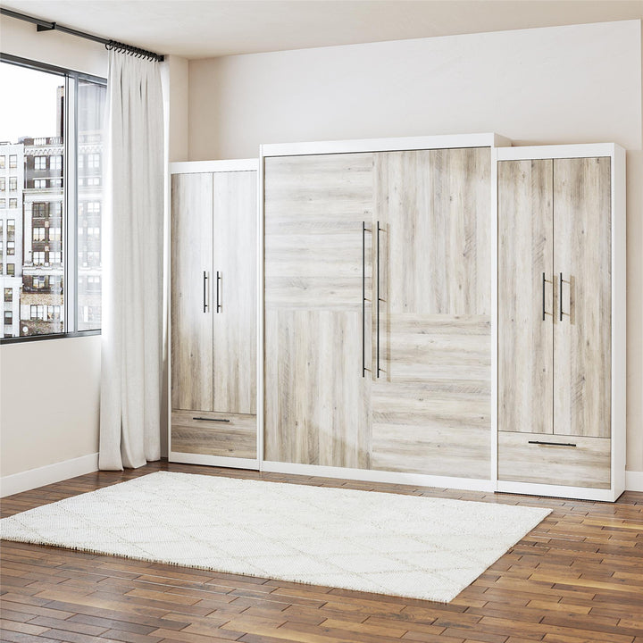 Pinnacle Murphy Bed Bundle with 2 Wardrobe Side Cabinets - Gray Oak - Queen