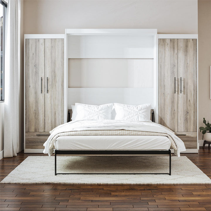 Pinnacle Murphy Bed Bundle with 2 Wardrobe Side Cabinets - Gray Oak - Queen