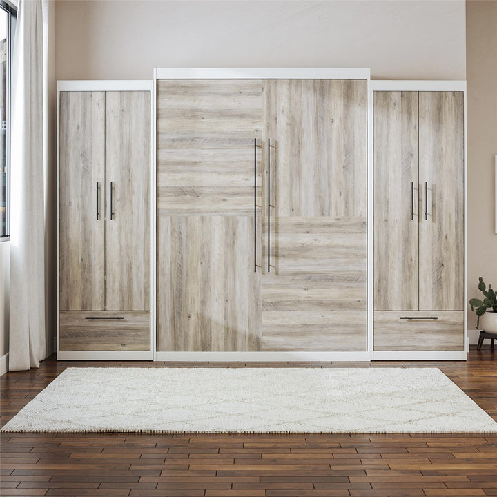 Pinnacle Murphy Bed Bundle with 2 Wardrobe Side Cabinets - Gray Oak - Queen