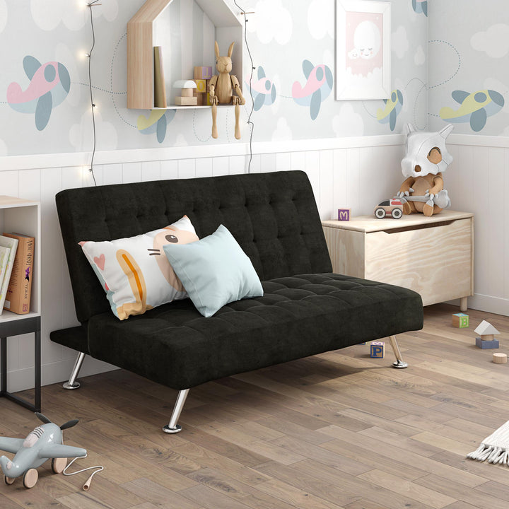 Milo Kids Sofa Futon with Sturdy Frame and Slanted Chrome Legs - Black