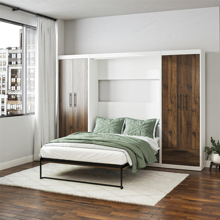 Pinnacle Murphy Bed Bundle with 2 Wardrobe Side Cabinets - Columbia Walnut - Full