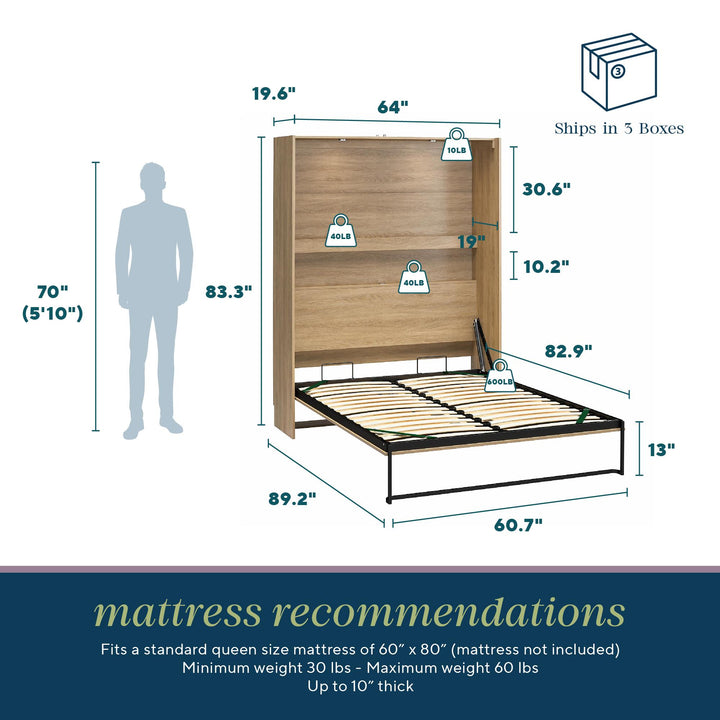 Holly Hills Murphy Bed with Gallery Shelf - Light Oak - Queen