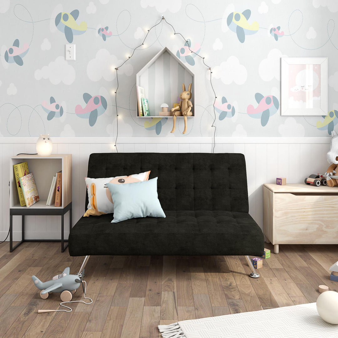 Milo Kids Sofa Futon with Sturdy Frame and Slanted Chrome Legs - Black