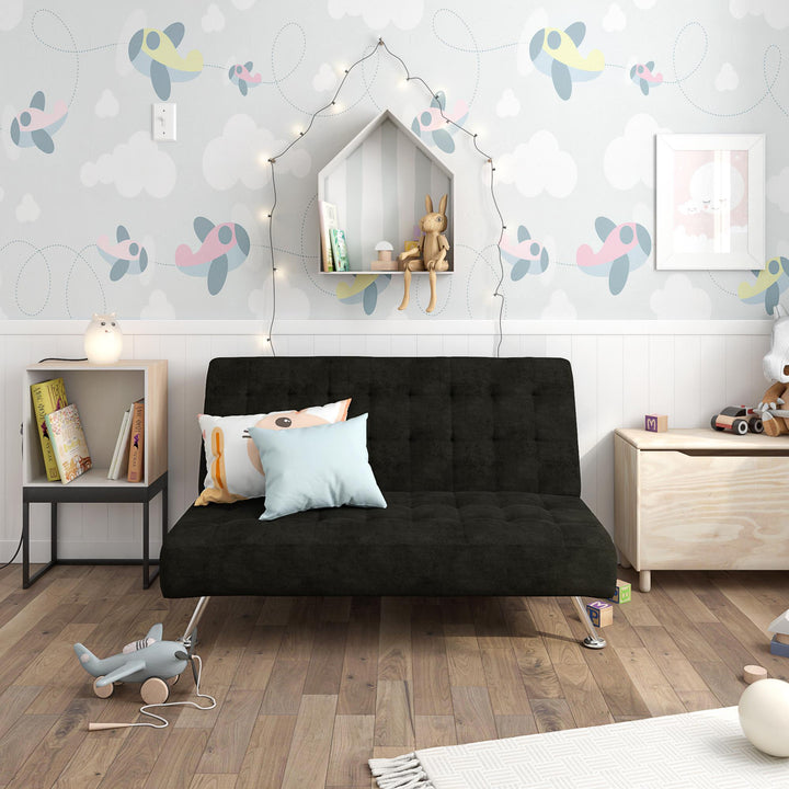 Milo Kids Sofa Futon with Sturdy Frame and Slanted Chrome Legs - Black