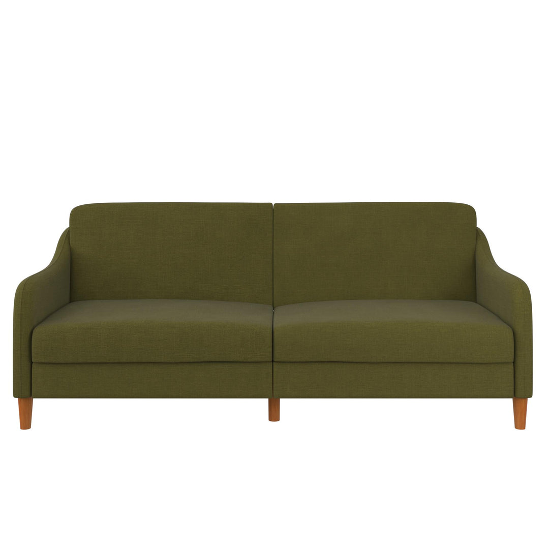 Jasper Coil Futon with Linen or Faux Leather Upholstery and Round Wood Legs - Green