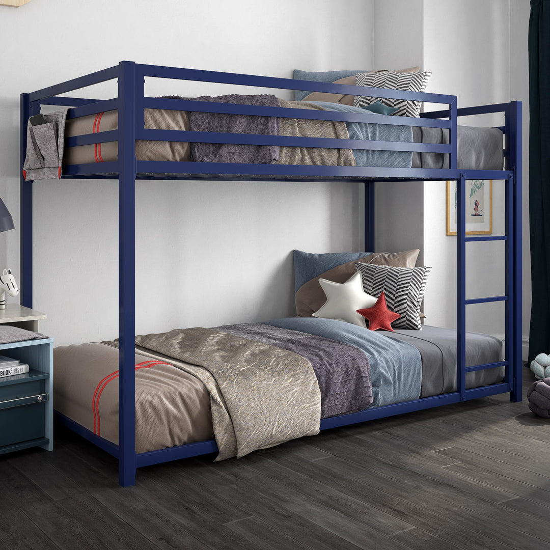 Twin Metal Bunk Bed with Secured Slats -  Blue  - Twin-Over-Twin