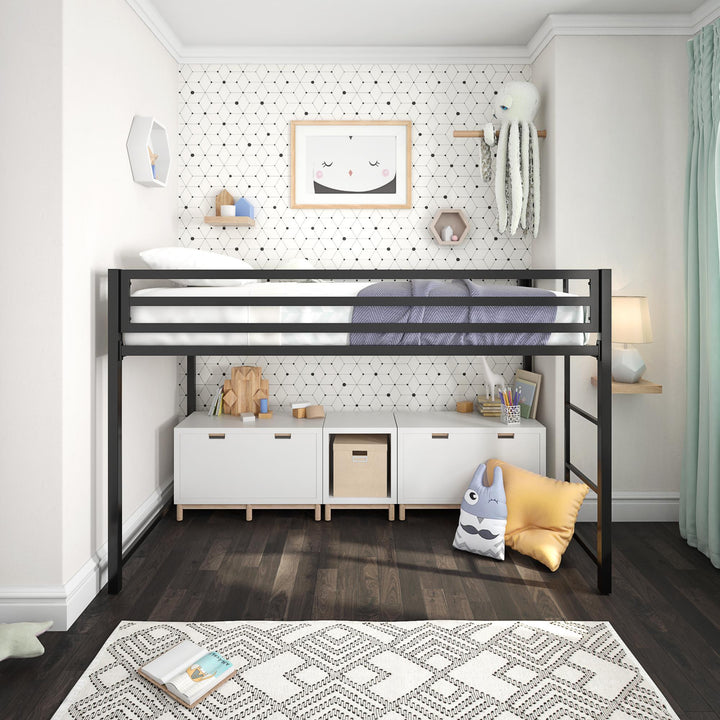 Miles Metal Junior Twin Loft Bed with Integrated Ladder - Black - Twin