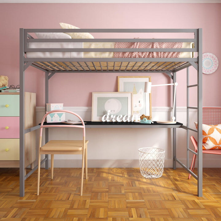 Miles Metal Full Loft Bed with Desk with an Integrated Ladder - Silver - Twin