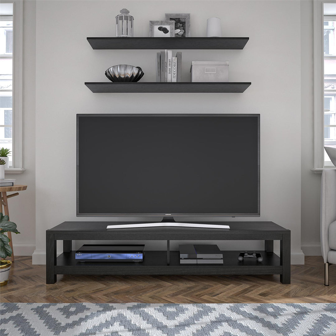 Essentials TV Stand designed for large screen displays - Black Oak