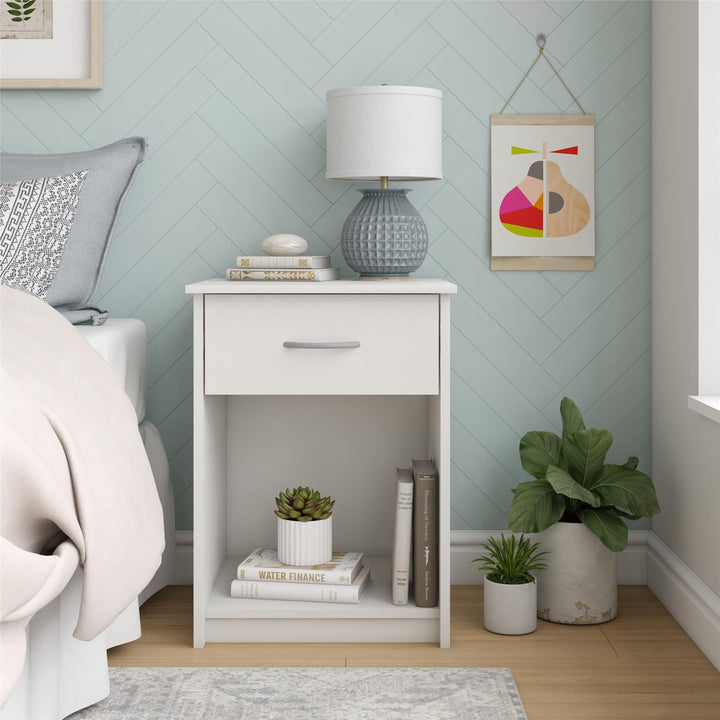 single drawer nightstand with open storage - White