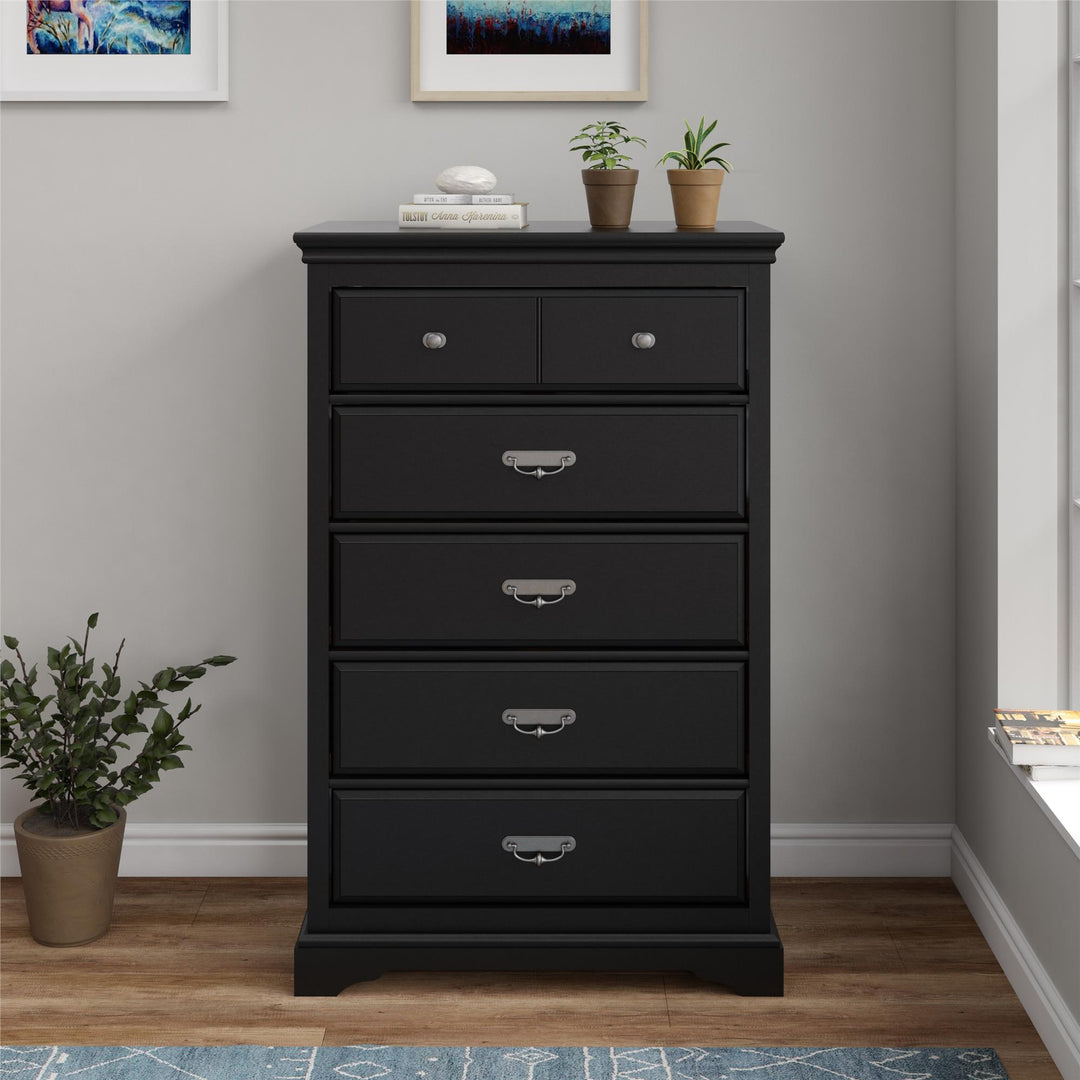 Bristol Traditional 5 Drawer Dresser with Elegant Moldings and Pewter Pulls - Black