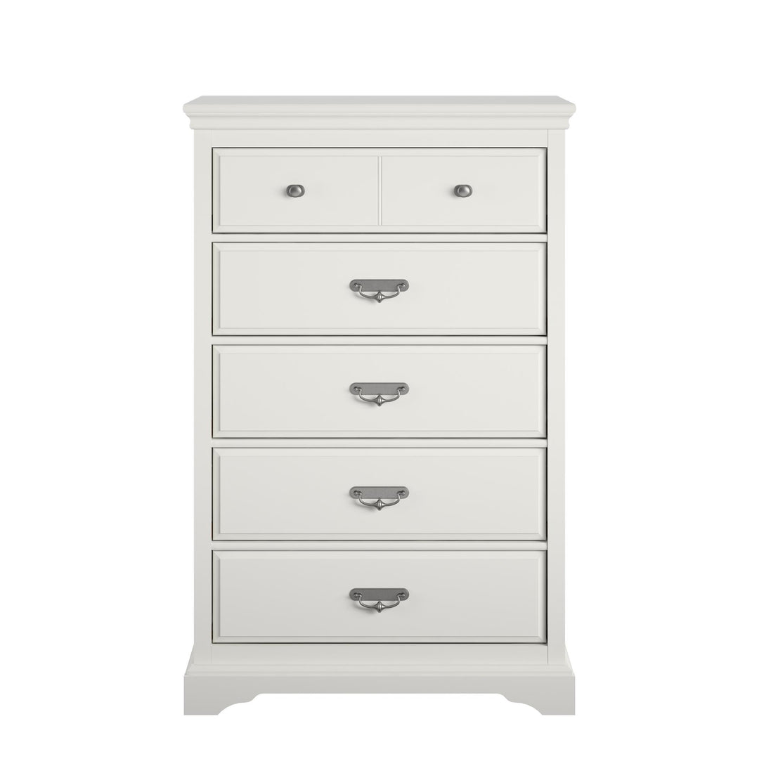 Bristol Traditional 5 Drawer Dresser with Elegant Moldings and Pewter Pulls - White